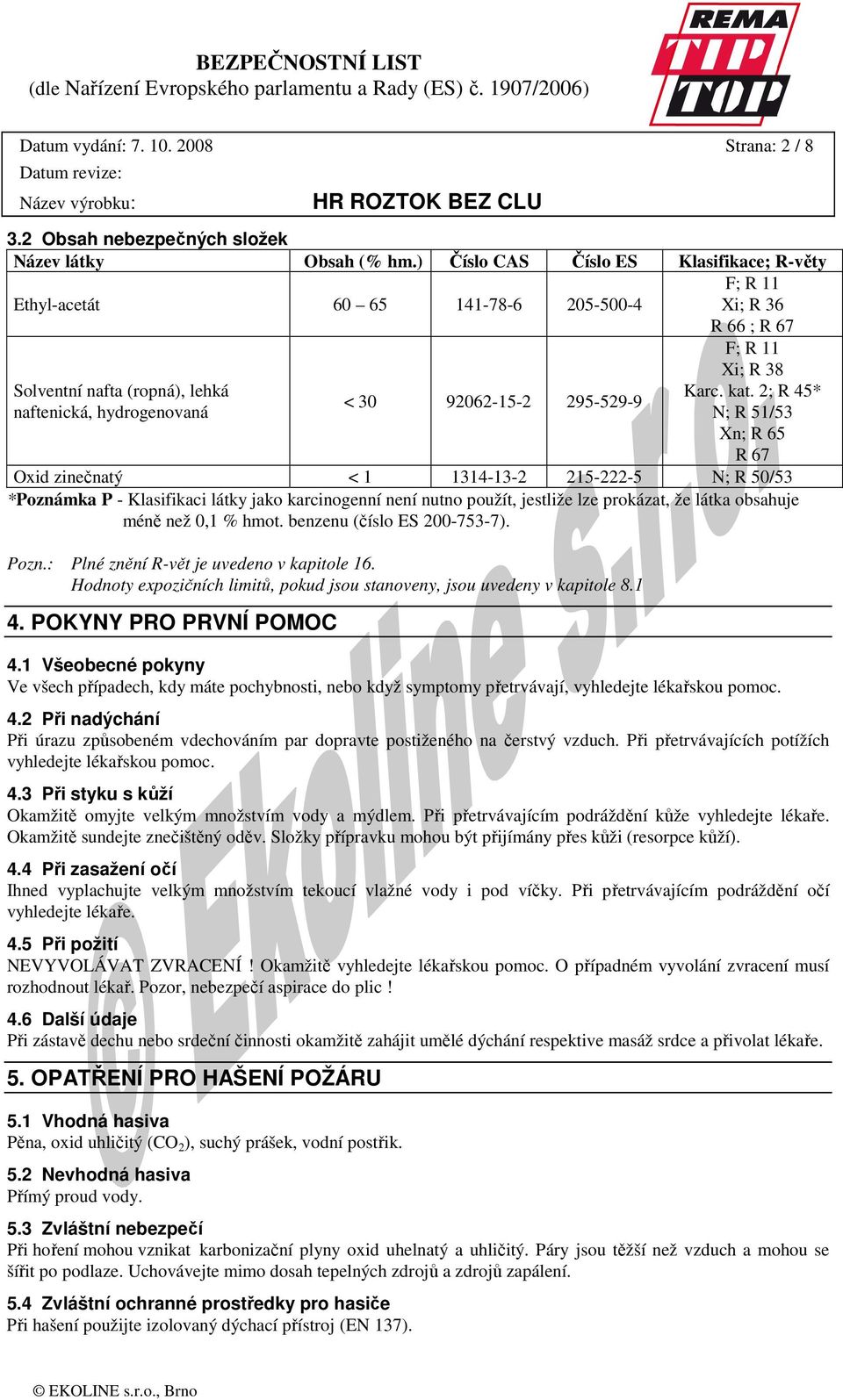 2; R 45* < 30 92062-15-2 295-529-9 naftenická, hydrogenovaná N; R 51/53 Xn; R 65 R 67 Oxid zinečnatý < 1 1314-13-2 215-222-5 N; R 50/53 *Poznámka P - Klasifikaci látky jako karcinogenní není nutno