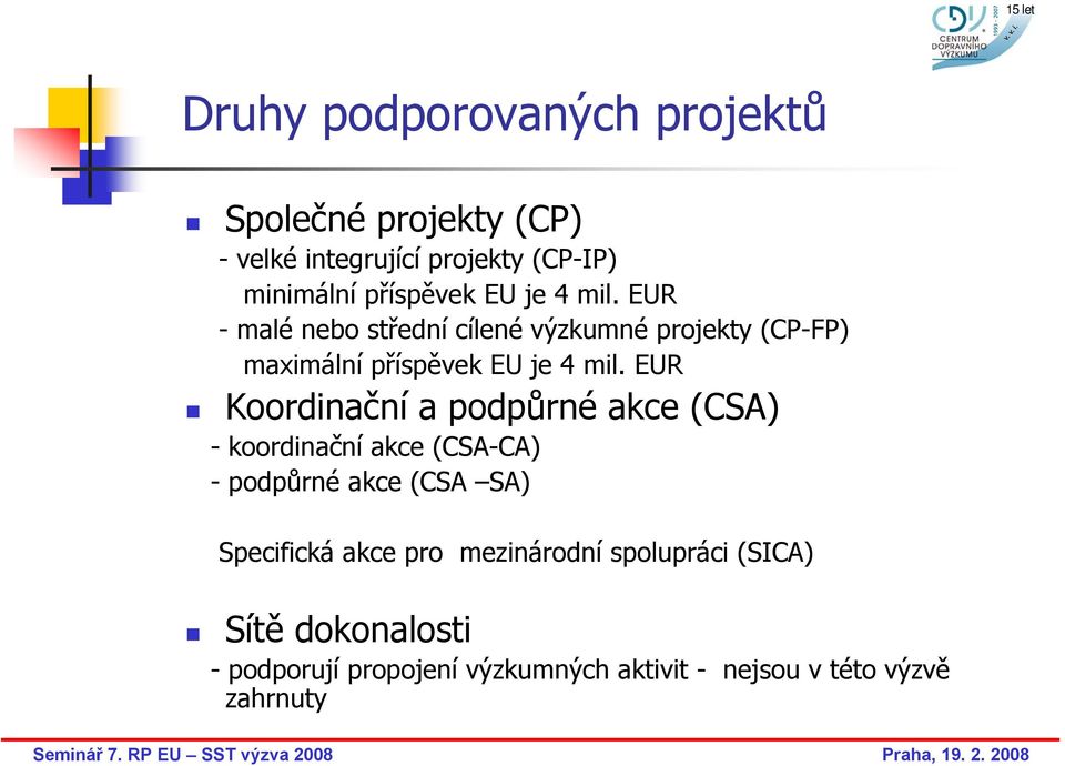 EUR Koordinační a podpůrné akce (CSA) -koordinační akce (CSA-CA) -podpůrné akce (CSA SA) Specifická akce pro