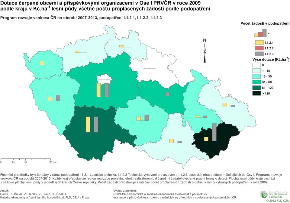 ha -1 ] 1-15 16-3 31-6 61-12 > 12 25 5 1 Km Finanční prostředky byly čerpány v rámci podopatření Lesnická technika, Technické vybavení provozoven a Lesnická infrastruktura, náležejících do Osy I,