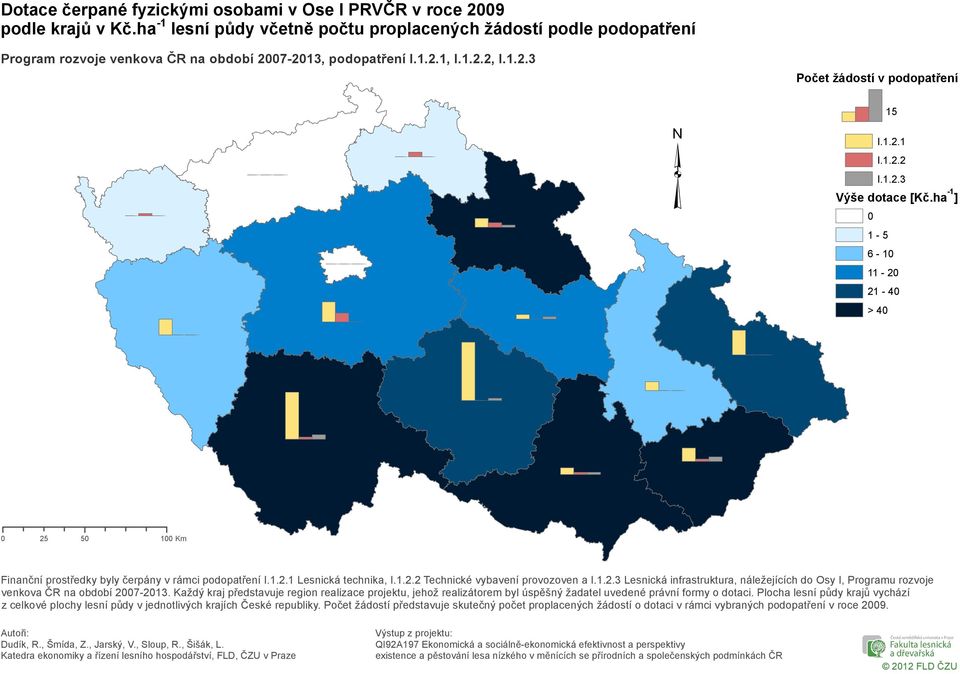 ha -1 ] 1-5 6-1 11-2 21-4 > 4 25 5 1 Km Finanční prostředky byly čerpány v rámci podopatření Lesnická technika, Technické vybavení provozoven a Lesnická infrastruktura, náležejících do Osy I,