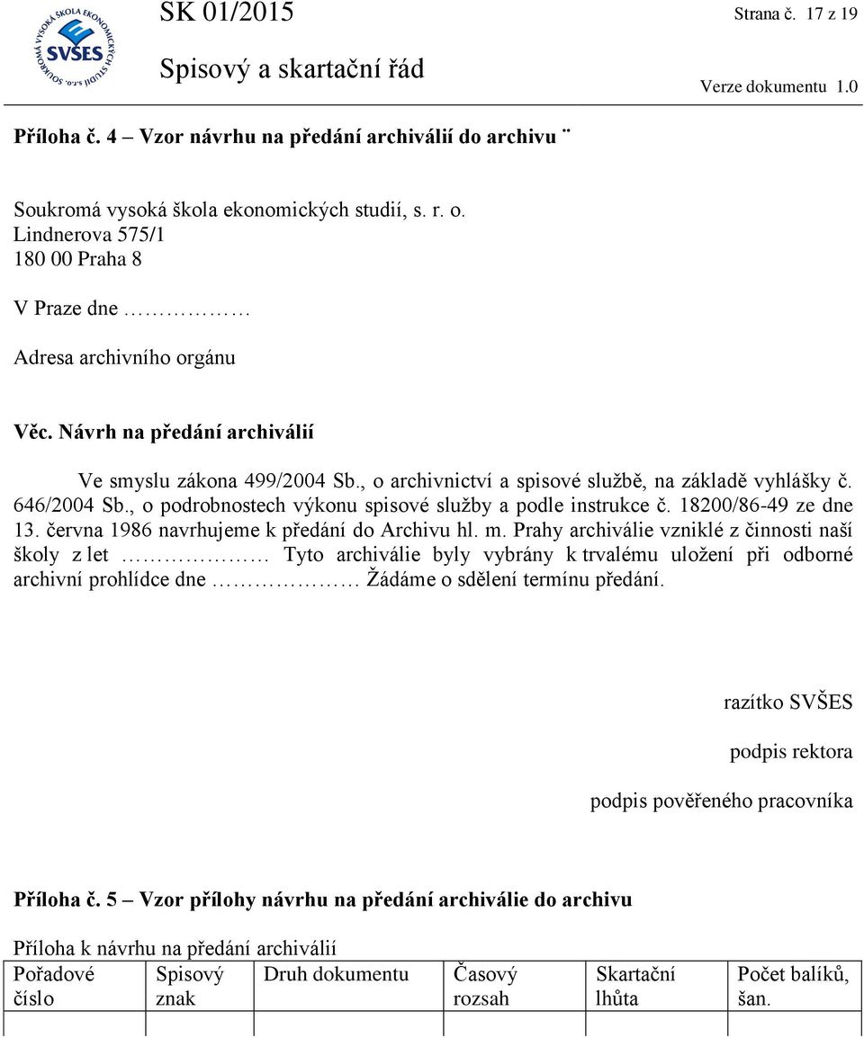 646/2004 Sb., o podrobnostech výkonu spisové služby a podle instrukce č. 18200/86-49 ze dne 13. června 1986 navrhujeme k předání do Archivu hl. m.