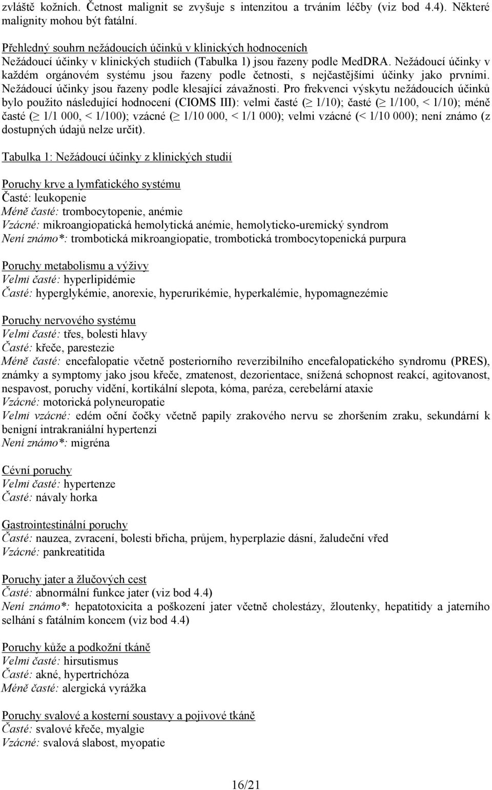 Nežádoucí účinky v každém orgánovém systému jsou řazeny podle četnosti, s nejčastějšími účinky jako prvními. Nežádoucí účinky jsou řazeny podle klesající závažnosti.