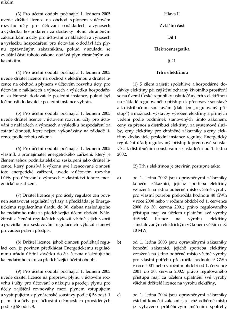 nákladech a výnosech a výsledku hospodaření pro účtování o dodávkách plynu oprávněným zákazníkům, pokud v souladu se zvláštní částí tohoto zákona dodává plyn chráněným zákazníkům.