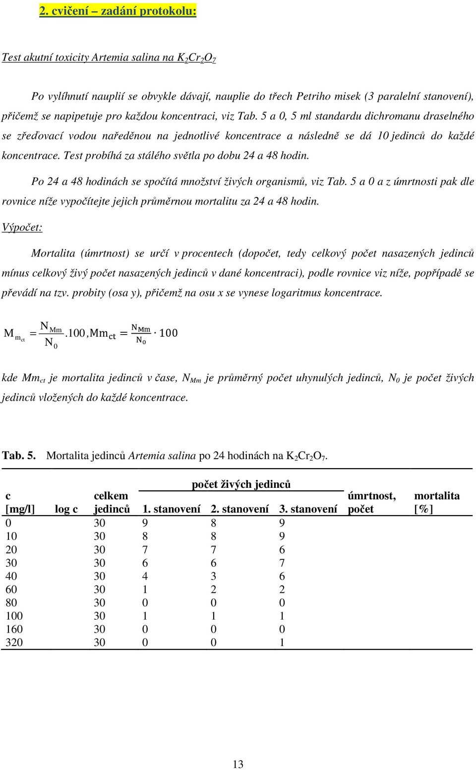 Test probíhá za stálého světla po dobu 24 a 48 hodin. Po 24 a 48 hodinách se spočítá množství živých organismů, viz Tab.