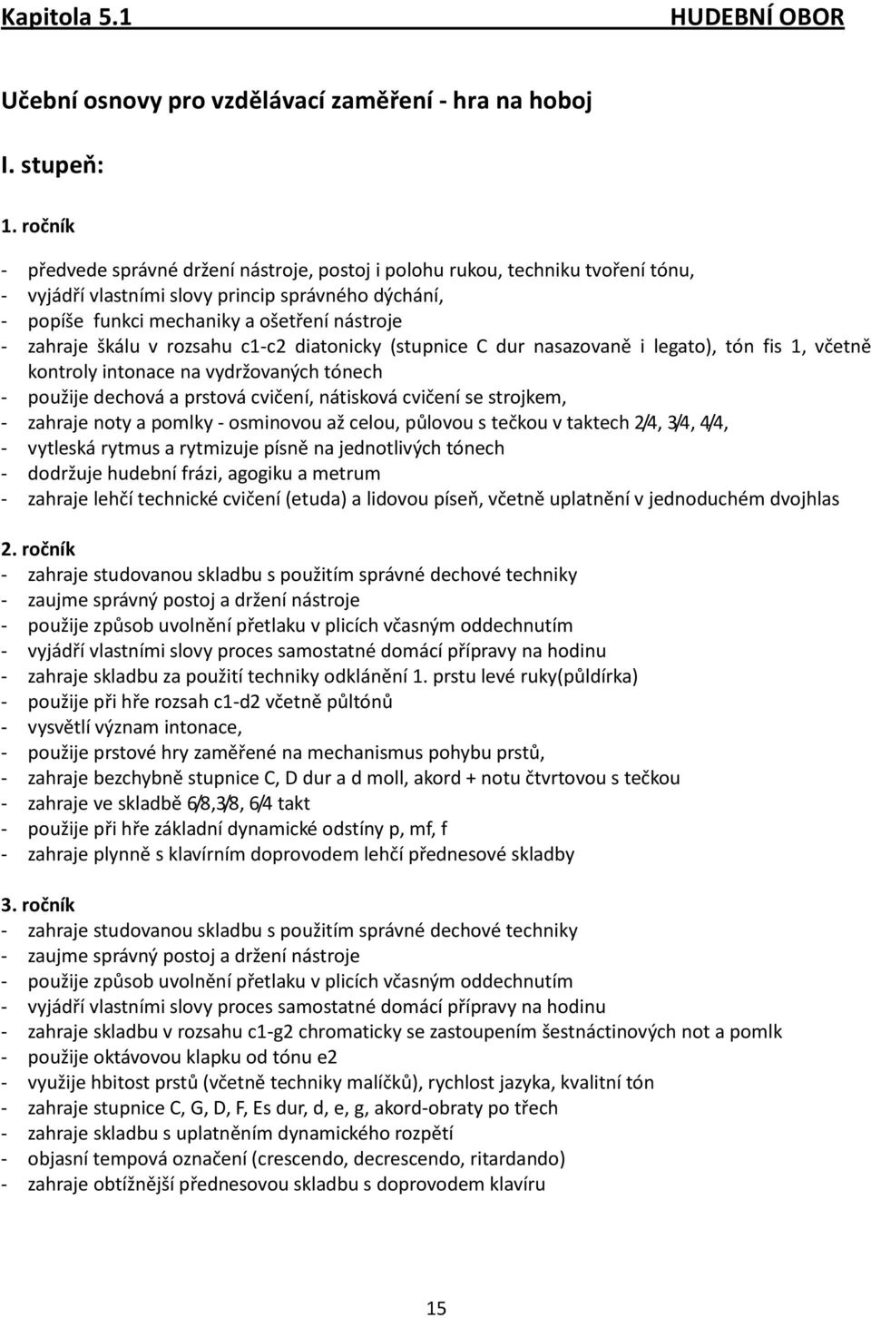 škálu v rozsahu c1-c2 diatonicky (stupnice C dur nasazovaně i legato), tón fis 1, včetně kontroly intonace na vydržovaných tónech - použije dechová a prstová cvičení, nátisková cvičení se strojkem, -