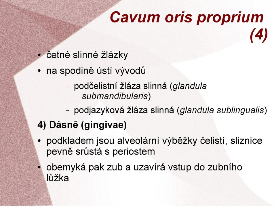 sublingualis) 4) Dásně (gingivae) podkladem jsou alveolární výběžky čelistí,