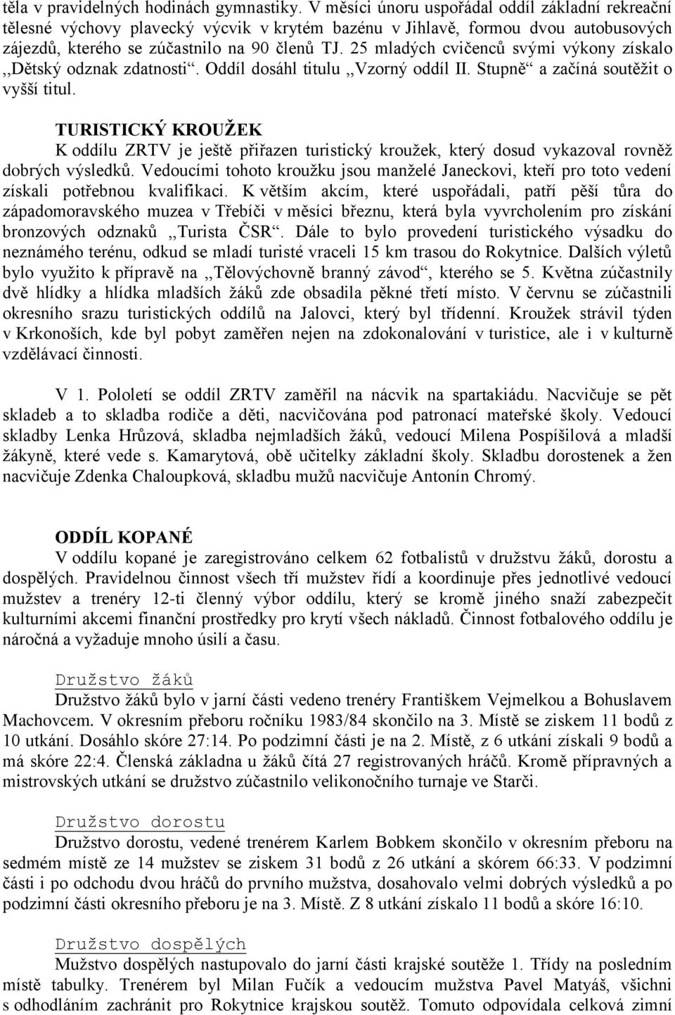 25 mladých cvičenců svými výkony získalo,,dětský odznak zdatnosti. Oddíl dosáhl titulu,,vzorný oddíl II. Stupně a začíná soutěžit o vyšší titul.