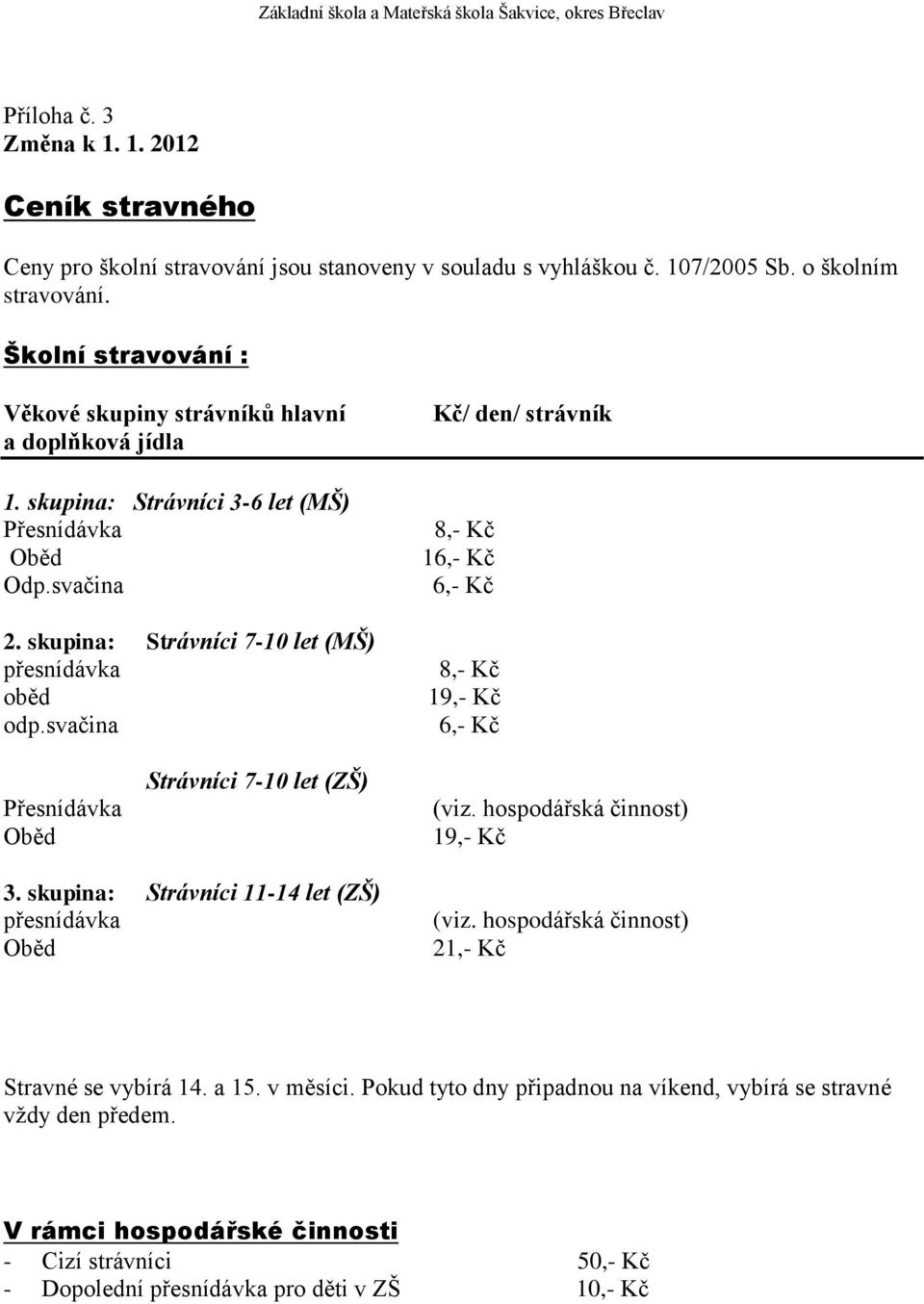 skupina: Strávníci 7-10 let (MŠ) odp.svačina Kč/ den/ strávník 1 Strávníci 7-10 let (ZŠ) 3.