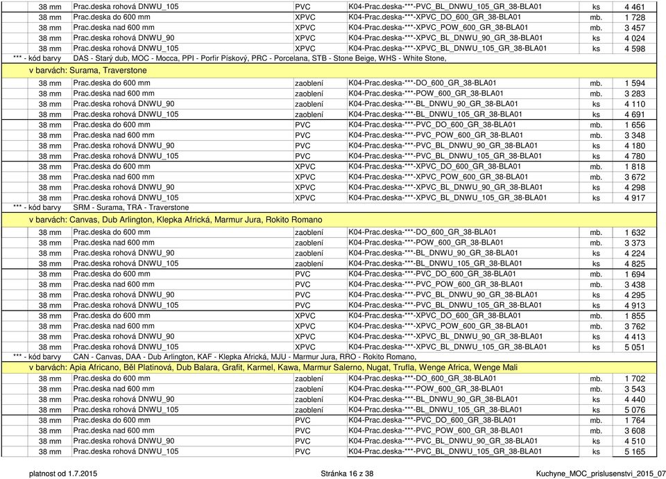 deska-***-XPVC_BL_DNWU_105_GR_38-BLA01 ks 4 598 *** - kód barvy DAS - Starý dub, MOC - Mocca, PPI - Porfir Pískový, PRC - Porcelana, STB - Stone Beige, WHS - White Stone, v barvách: Surama,