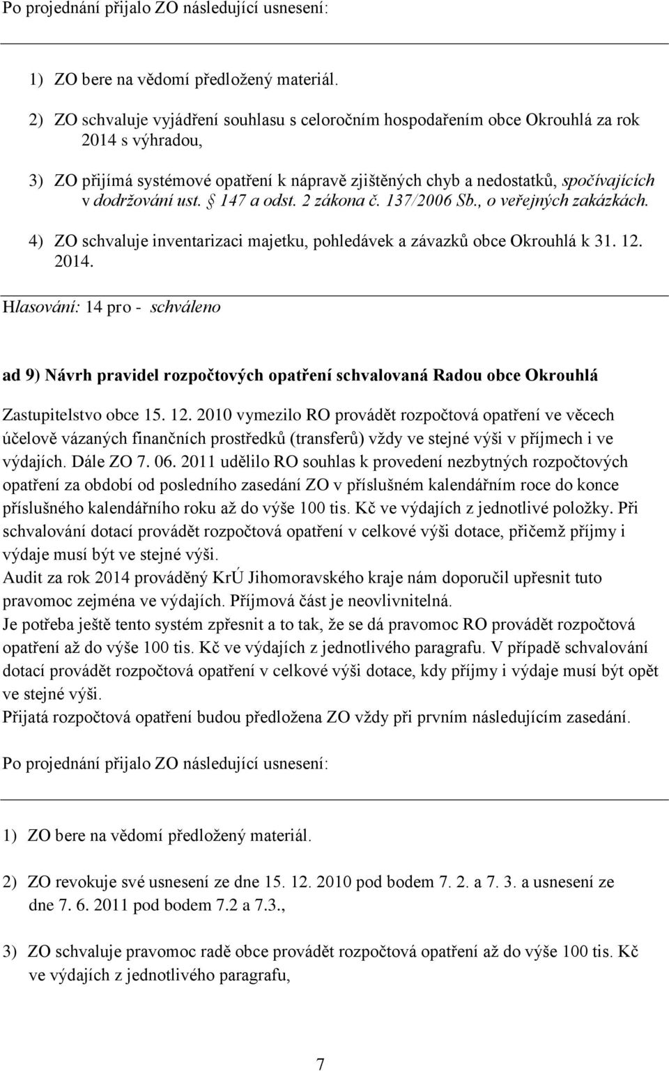 Hlasování: 14 pro - schváleno ad 9) Návrh pravidel rozpočtových opatření schvalovaná Radou obce Okrouhlá Zastupitelstvo obce 15. 12.