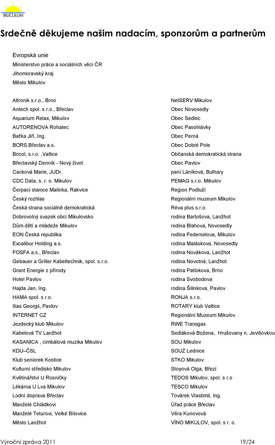 o. Mikulov PEMAG s.r.o. Mikulov Čerpací stanice Malinka, Rakvice Region Podluží Český rozhlas Regionální muzeum Mikulov Česká strana sociálně demokratická Réva plus s.r.o. Dobrovolný svazek obcí Mikulovsko rodina Bartošova, Lanžhot Dům dětí a mládeže Mikulov rodina Blahova, Novosedly EON Česká republika rodina Federselova, Mikulov Excalibur Holding a.