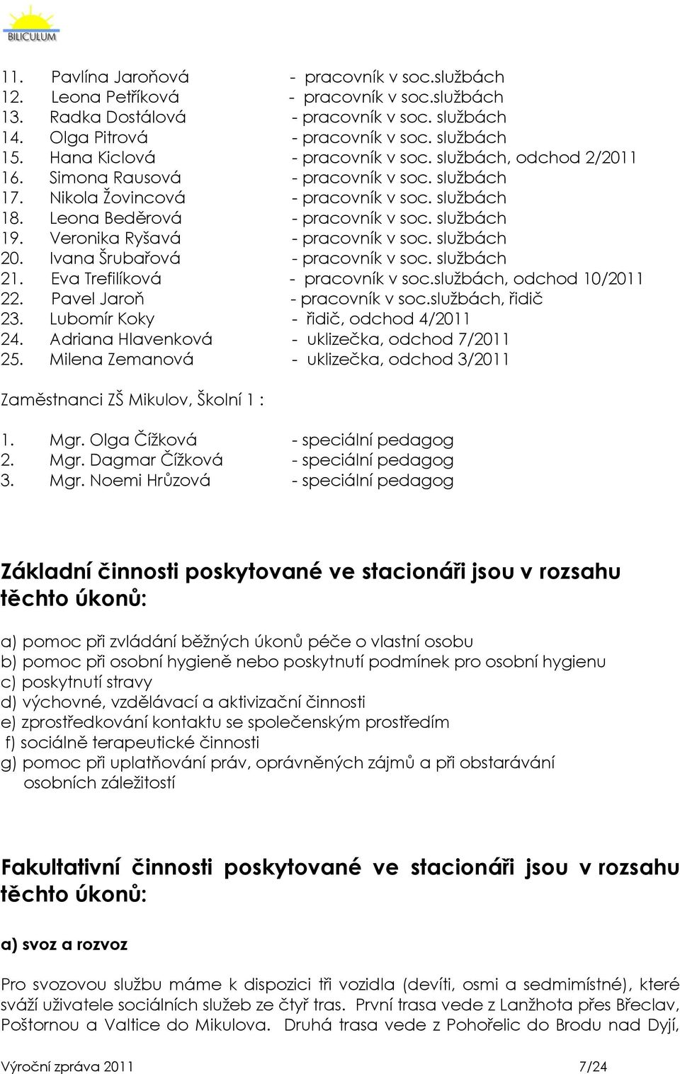 sluţbách 19. Veronika Ryšavá - pracovník v soc. sluţbách 20. Ivana Šrubařová - pracovník v soc. sluţbách 21. Eva Trefilíková - pracovník v soc.sluţbách, odchod 10/2011 22.