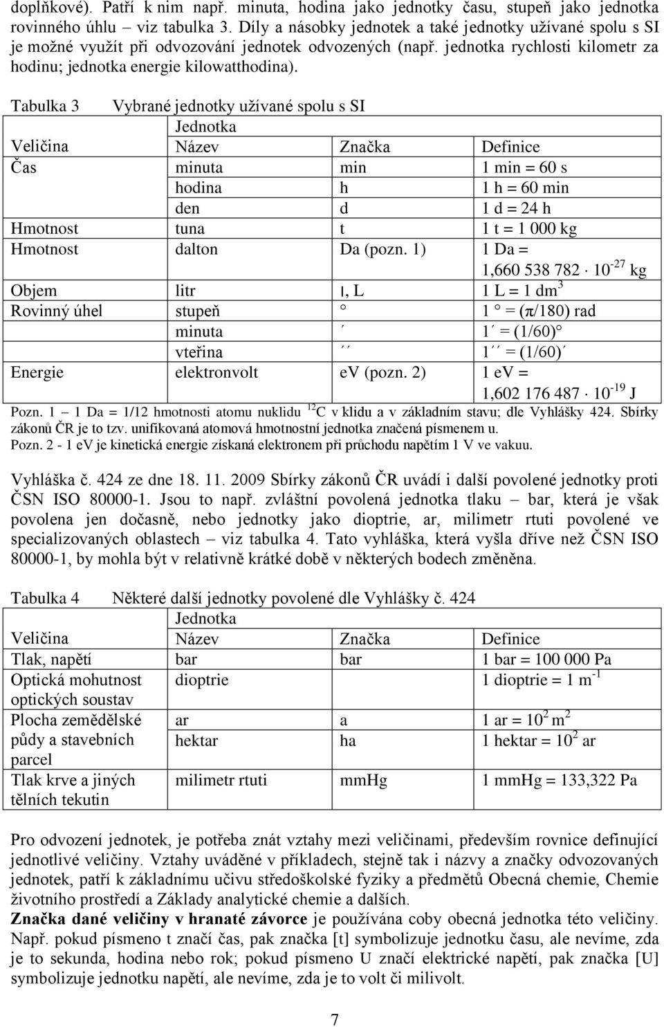 Tabulka 3 Vybrané jednotky užívané spolu s SI Veličina Jednotka Název Značka Definice Čas minuta min 1 min = 60 s hodina h 1 h = 60 min den d 1 d = 4 h Hmotnost tuna t 1 t = 1 000 kg Hmotnost dalton