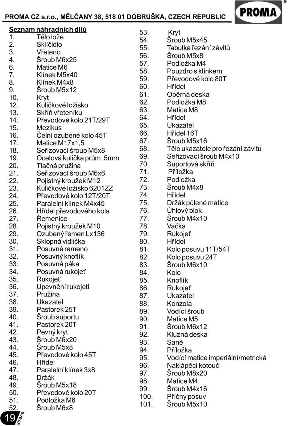 Pojistný kroužek M12 23. Kulièkové ložisko 6201ZZ 24. Pøevodové kolo 12T/20T 25. Paralelní klínek M4x45 26. Høídel pøevodového kola 27. Øemenice 28. Pojistný kroužek M10 29. Ozubený øemen Lx136 30.