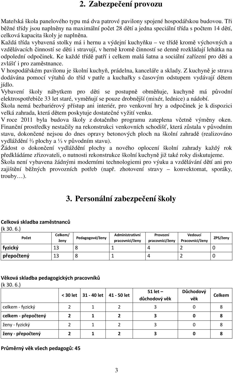 Každá třída vybavená stolky má i hernu a výdejní kuchyňku ve třídě kromě výchovných a vzdělávacích činností se děti i stravují, v herně kromě činností se denně rozkládají lehátka na odpolední