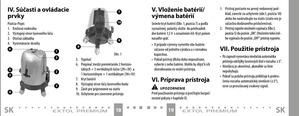 Závit pre pripevnenie na statív 10. Uchytenie pre zavesenie prístroja extol premium 18 7 9 V. Vloženie batérií/ výmena batérií Snímte kryt batérií (Obr.