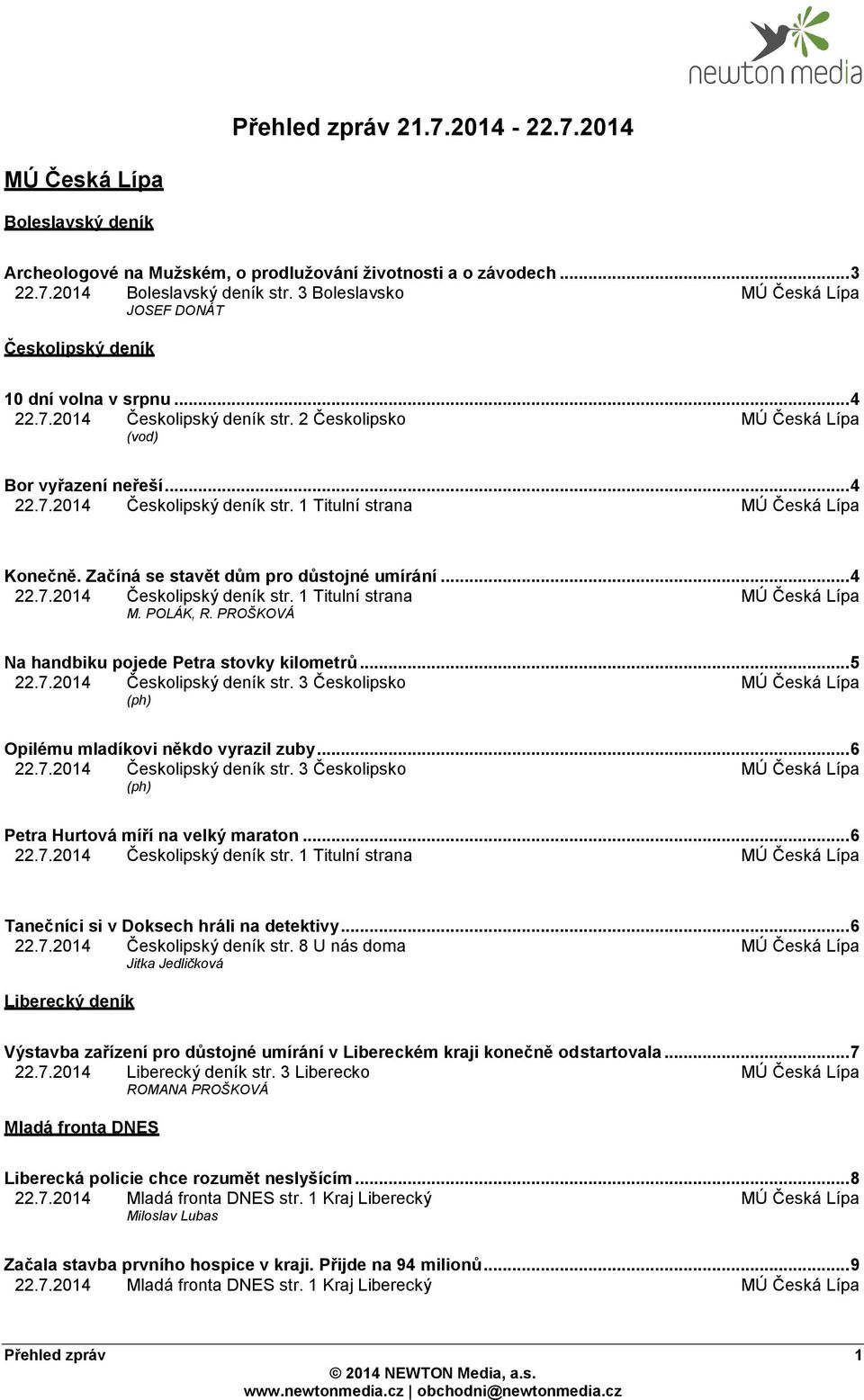 Začíná se stavět dům pro důstojné umírání... 4 22.7.2014 Českolipský deník str. 1 Titulní strana MÚ Česká Lípa M. POLÁK, R. PROŠKOVÁ Na handbiku pojede Petra stovky kilometrů... 5 22.7.2014 Českolipský deník str. 3 Českolipsko MÚ Česká Lípa (ph) Opilému mladíkovi někdo vyrazil zuby.