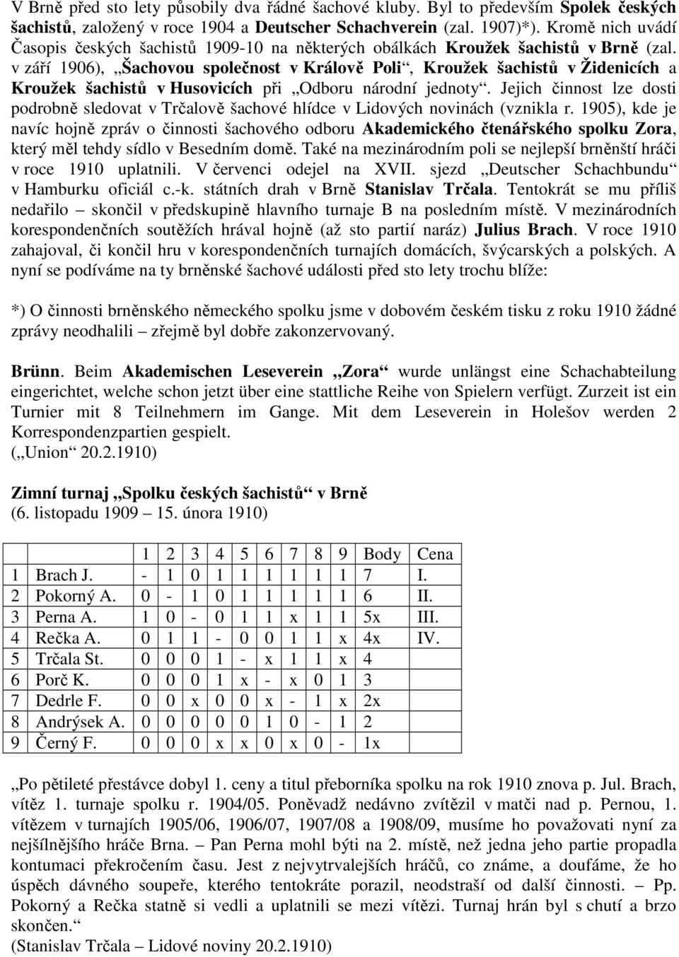 v září 1906), Šachovou společnost v Králově Poli, Kroužek šachistů v Židenicích a Kroužek šachistů v Husovicích při Odboru národní jednoty.