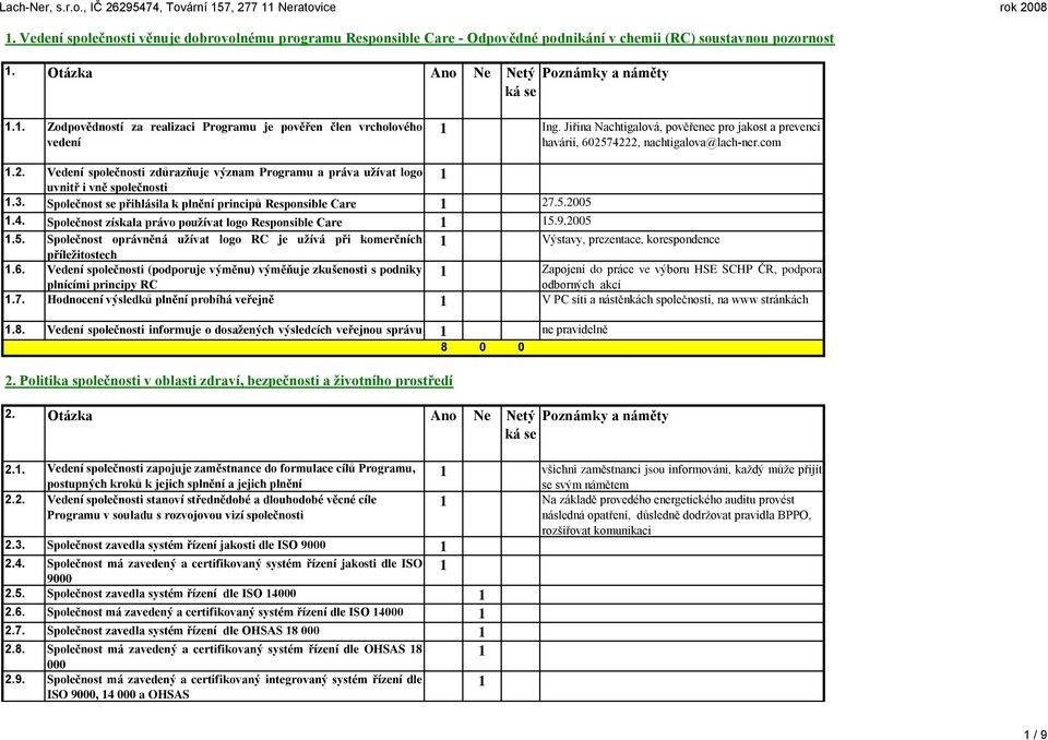 Jiřina Nachtigalová, pověřenec pro jakost a prevenci havárií, 602574222, nachtigalova@lach-ner.com.2. Vedení společnosti zdůrazňuje význam Programu a práva užívat logo uvnitř i vně společnosti.3.