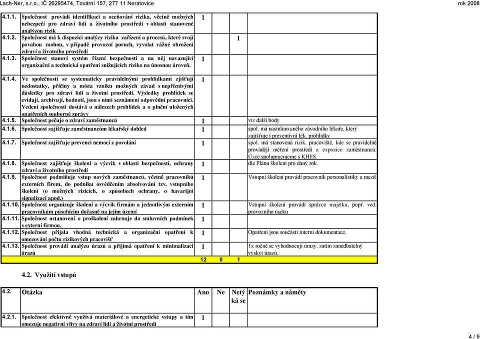 Společnost má k dispozici analýzy rizika zařízení a procesů, které svojí povahou mohou, v případě provozní poruch, vyvolat vážné ohrožení zdraví a životního prostředí 4..3.