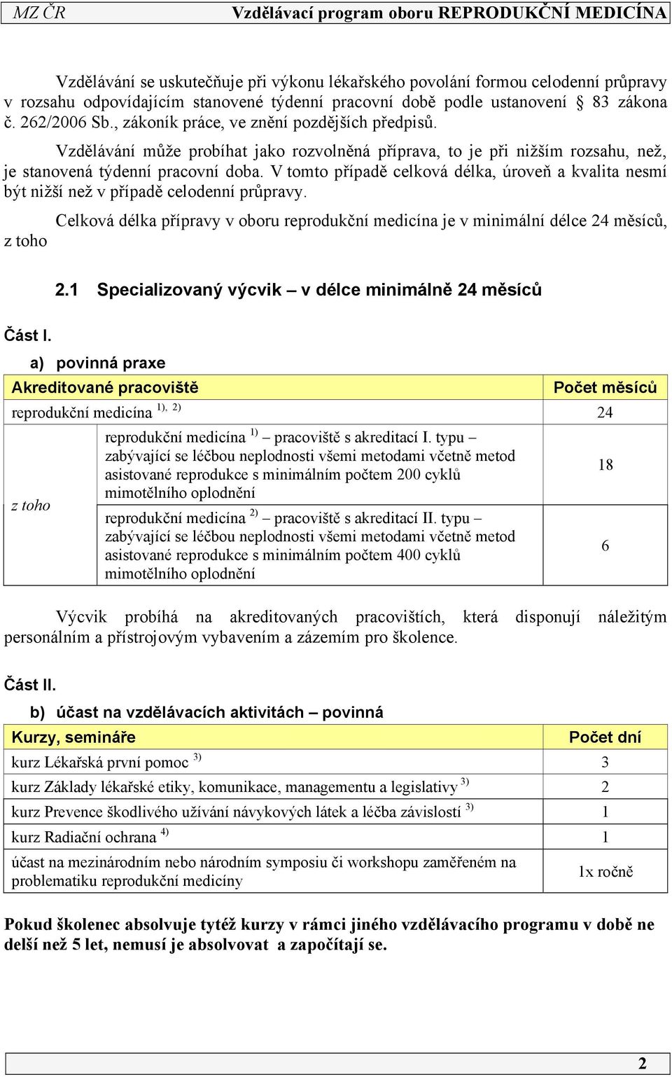 V tomto případě celková délka, úroveň a kvalita nesmí být nižší než v případě celodenní průpravy. z toho Celková délka přípravy v oboru reprodukční medicína je v minimální délce 24 měsíců, 2.