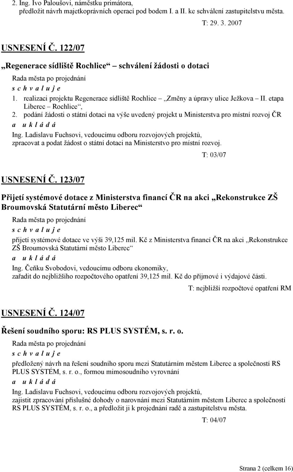 podání žádosti o státní dotaci na výše uvedený projekt u Ministerstva pro místní rozvoj ČR Ing.