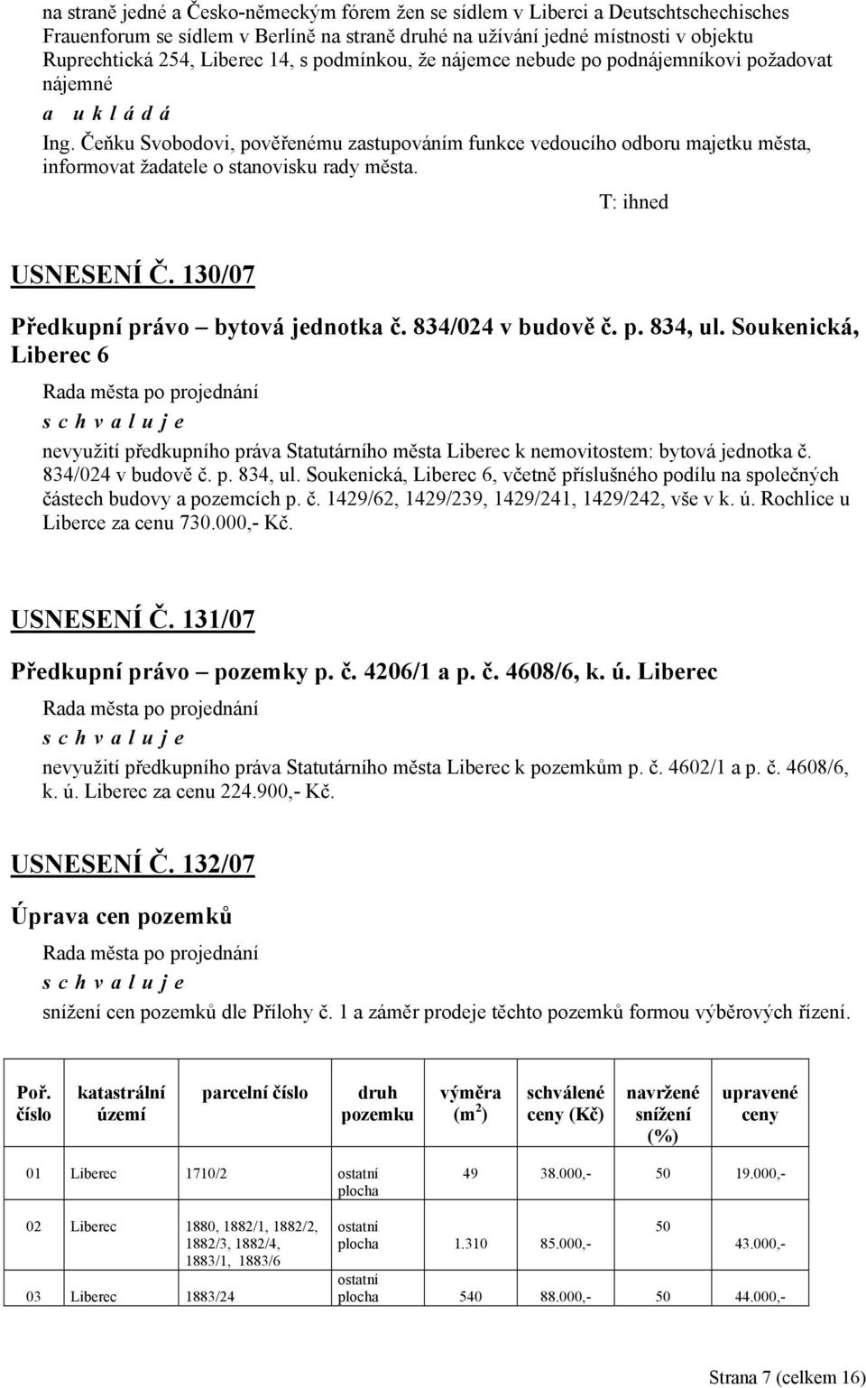 T: ihned USNESENÍ Č. 130/07 Předkupní právo bytová jednotka č. 834/024 v budově č. p. 834, ul.