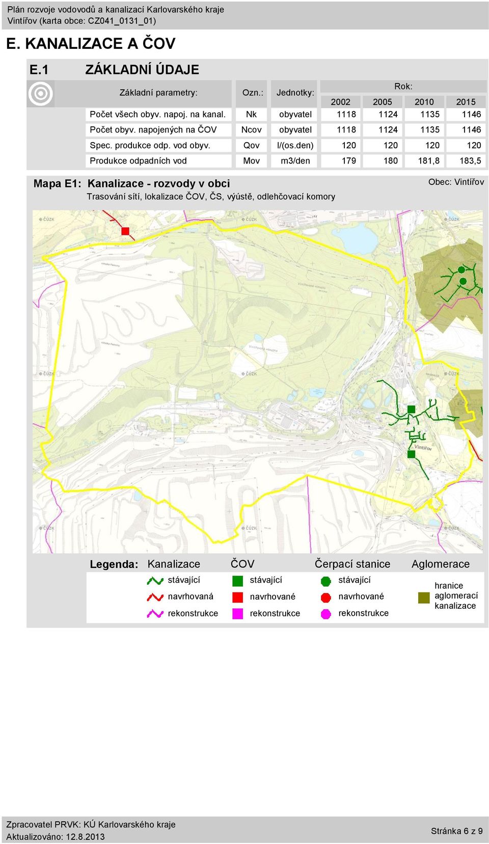 den) 120 120 120 120 Produkce odpadních vod Mov m3/den 179 180 181,8 183,5 Mapa E1: Kanalizace - rozvody v obci Trasování sítí, lokalizace ČOV, ČS, výústě,