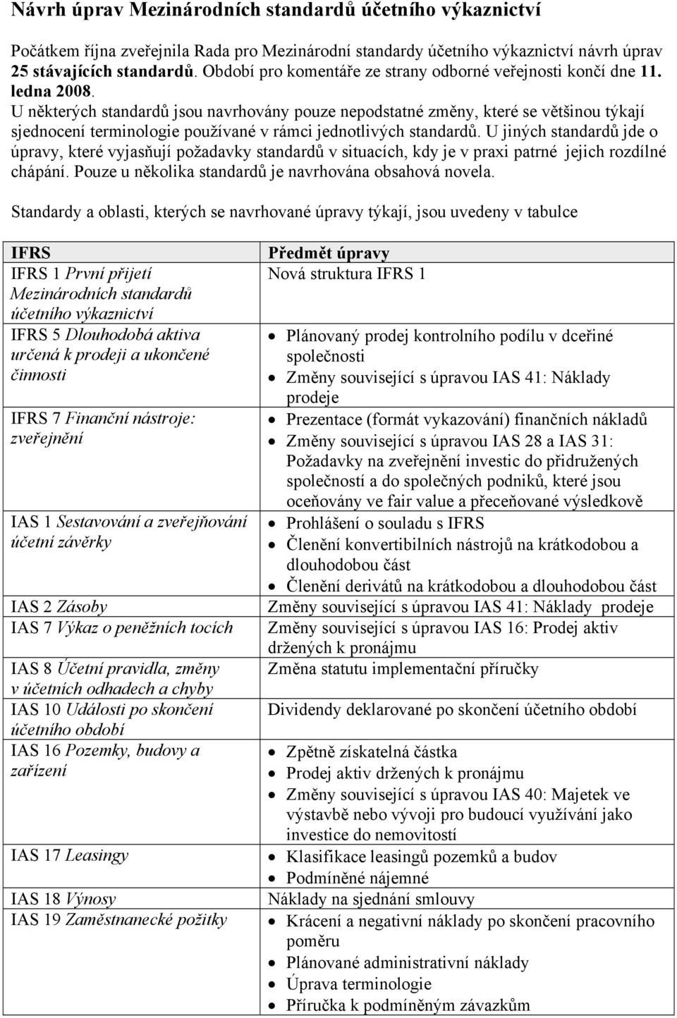 U některých standardů jsou navrhovány pouze nepodstatné změny, které se většinou týkají sjednocení terminologie používané v rámci jednotlivých standardů.