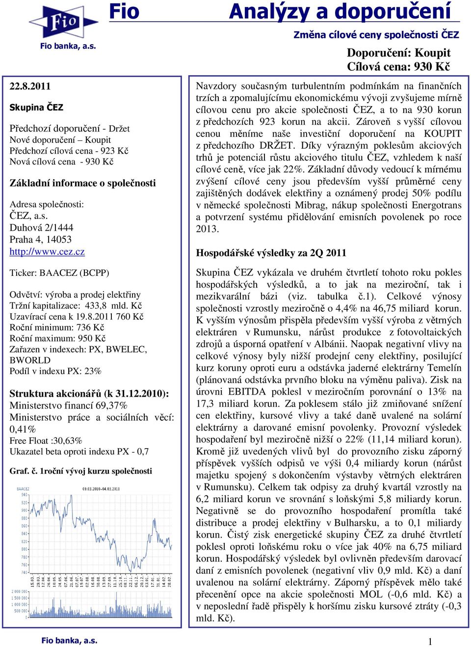 cez.cz Ticker: BAACEZ (BCPP) Fio Odvětví: výroba a prodej elektřiny Tržní kapitalizace: 433,8 