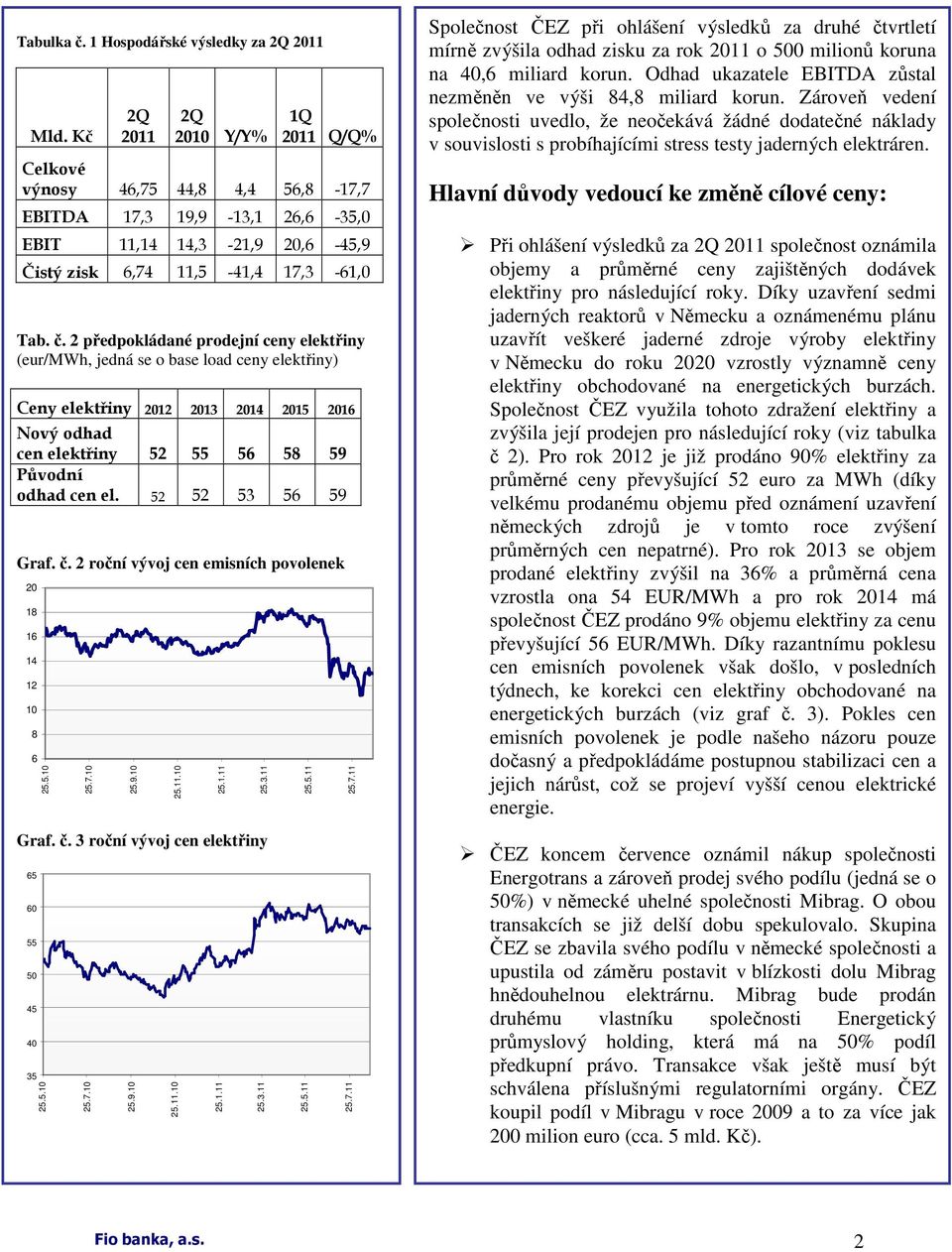 2 předpokládané prodejní ceny elektřiny (eur/mwh, jedná se o base load ceny elektřiny) Ceny elektřiny 2012 2013 2014 2015 2016 Nový odhad cen elektřiny 52 55 56 58 59 Původní odhad cen el.