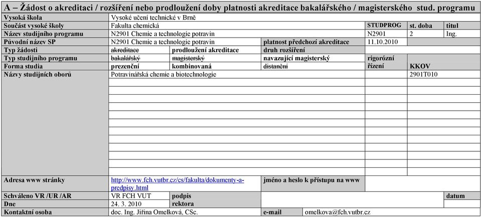 Původní název SP N2901 Chemie a technologie potravin platnost předchozí akreditace 11.10.