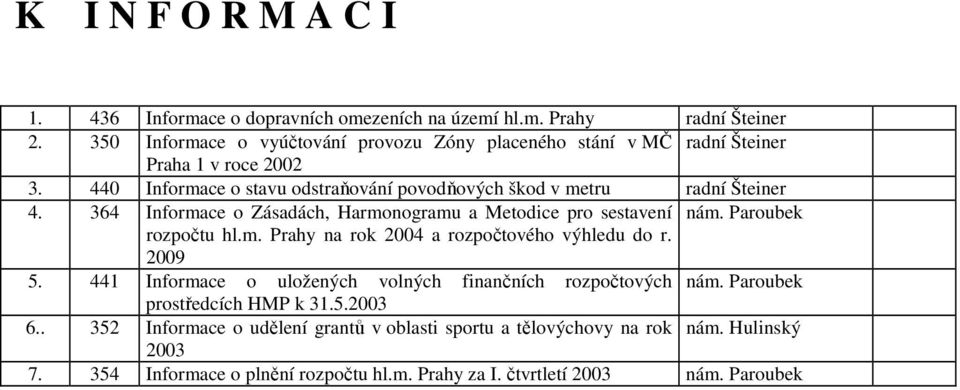 364 Informace o Zásadách, Harmonogramu a Metodice pro sestavení nám. Paroubek rozpočtu hl.m. Prahy na rok 2004 a rozpočtového výhledu do r. 2009 5.