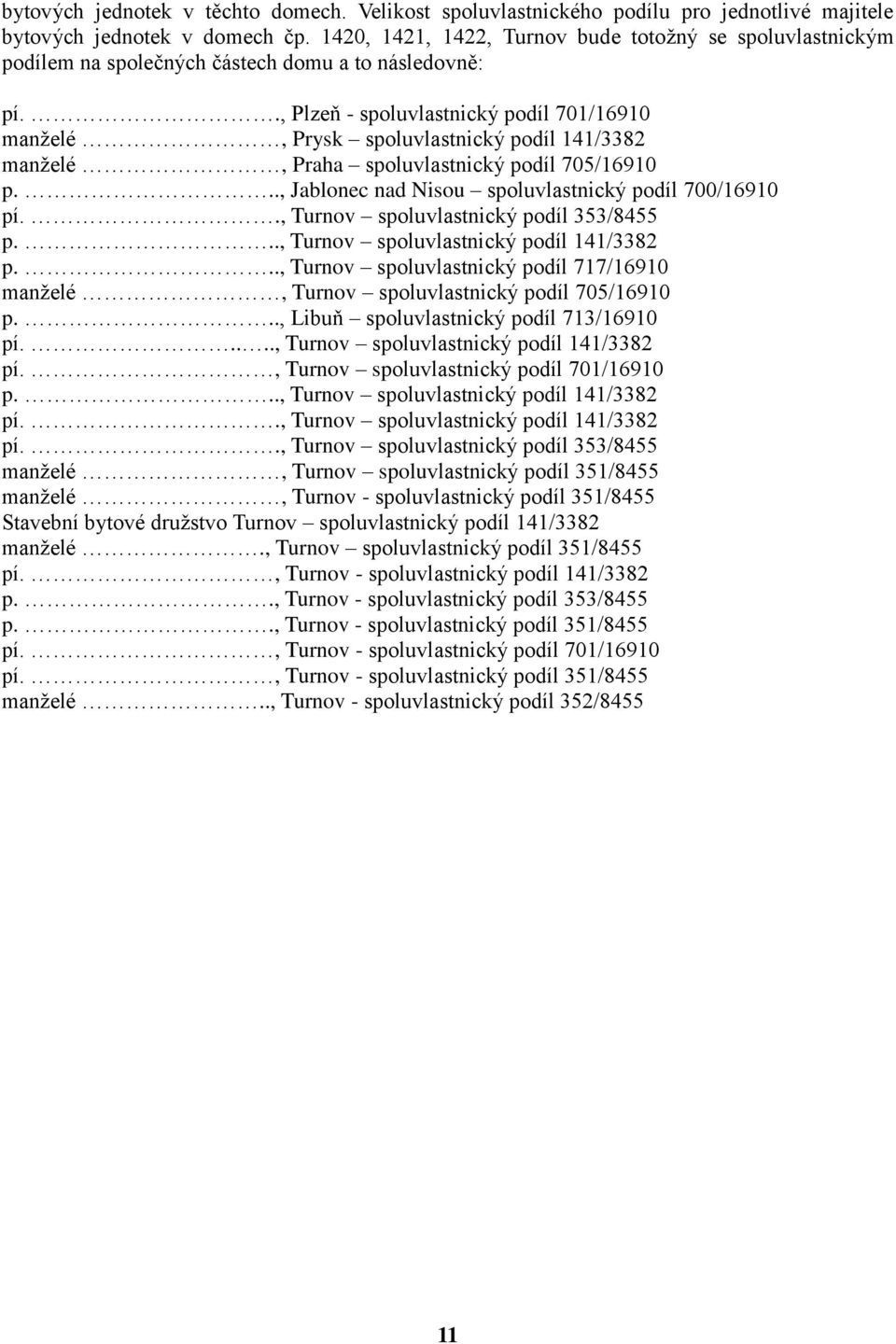 ., Plzeň - spoluvlastnický podíl 701/16910 manželé, Prysk spoluvlastnický podíl 141/3382 manželé, Praha spoluvlastnický podíl 705/16910 p..., Jablonec nad Nisou spoluvlastnický podíl 700/16910 pí.