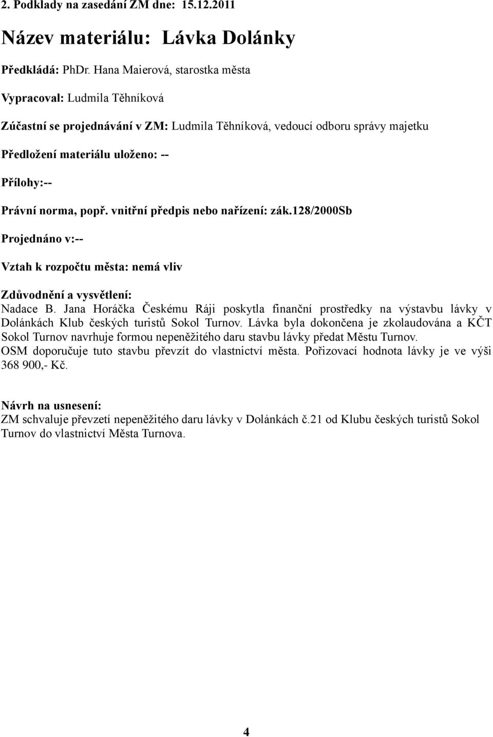 popř. vnitřní předpis nebo nařízení: zák.128/2000sb Projednáno v:-- Vztah k rozpočtu města: nemá vliv Zdůvodnění a vysvětlení: Nadace B.