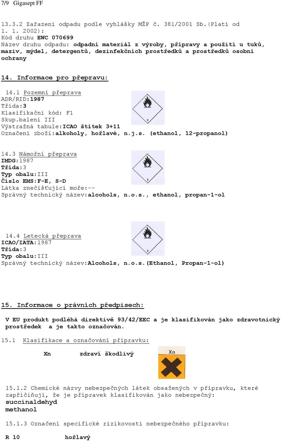 1. 2002): Kód druhu EWC 070699 Název druhu odpadu: odpadní materiál z výroby, přípravy a použití u tuků, maziv, mýdel, detergentů, dezinfekčních prostředků a prostředků osobní ochrany 14.