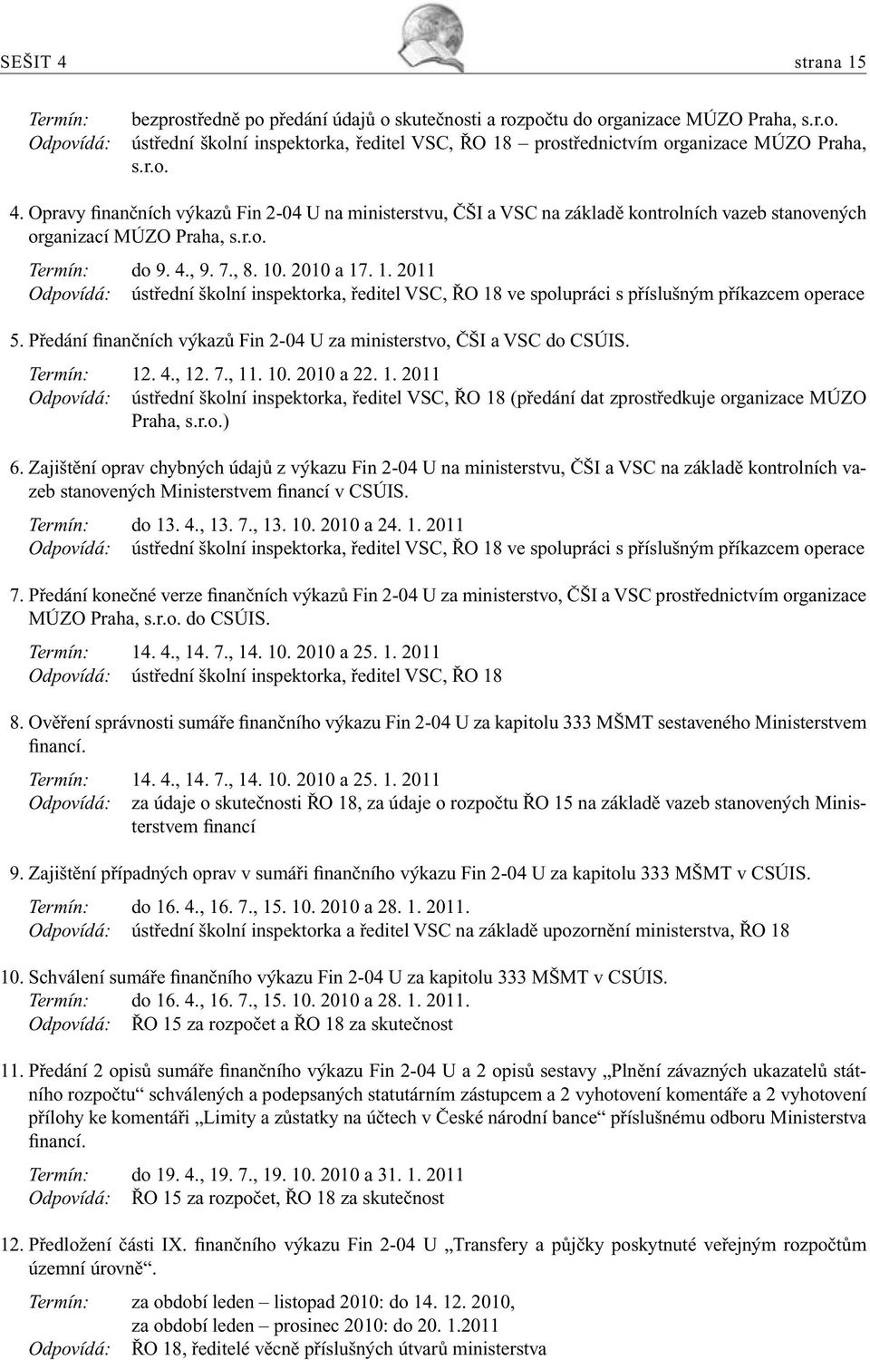 . 2010 a 17. 1. 2011 Odpovídá: ústřední školní inspektorka, ředitel VSC, ŘO 18 ve spolupráci s příslušným příkazcem operace 5. Předání finančních výkazů Fin 2-04 U za ministerstvo, ČŠI a VSC do CSÚIS.