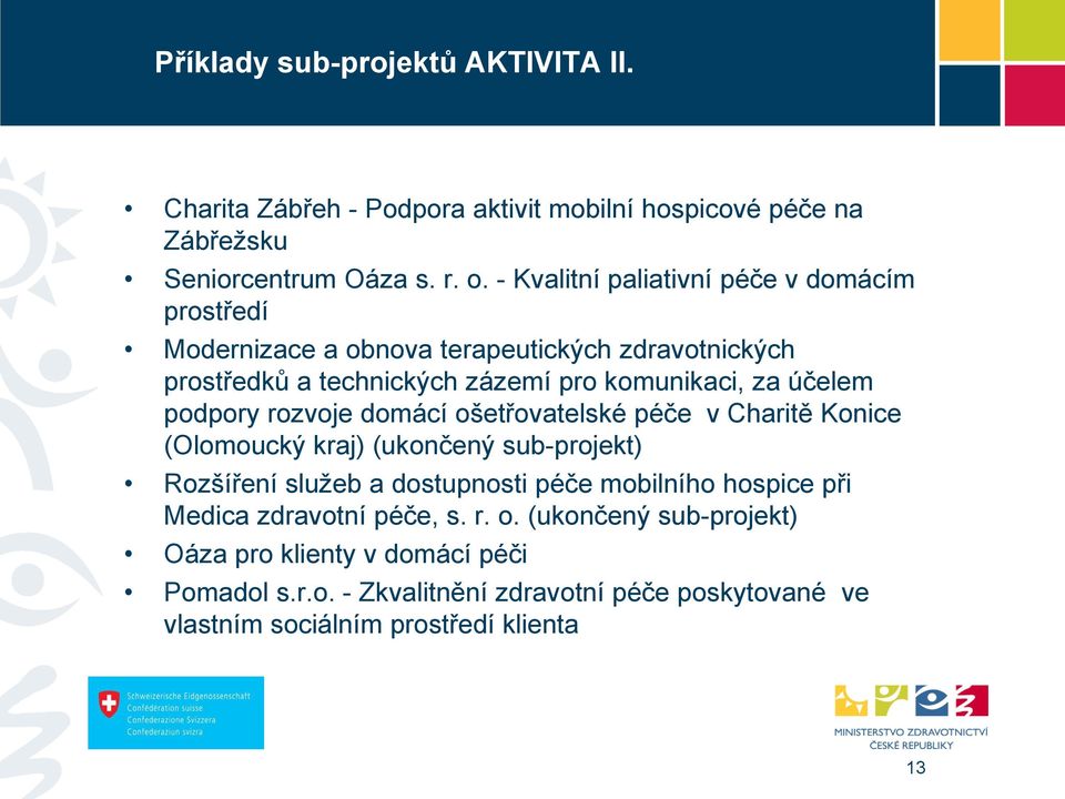 podpory rozvoje domácí ošetřovatelské péče v Charitě Konice (Olomoucký kraj) (ukončený sub-projekt) Rozšíření služeb a dostupnosti péče mobilního hospice při