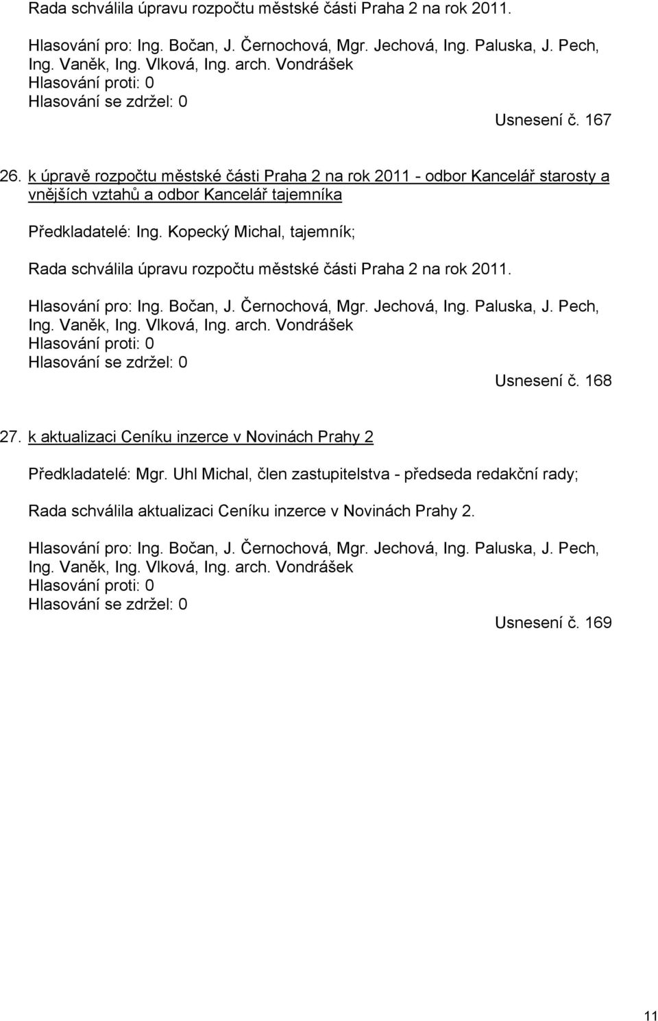 Kopecký Michal, tajemník; Rada schválila úpravu rozpočtu městské části Praha 2 na rok 2011. Ing. Vaněk, Ing. Vlková, Ing. arch. Vondrášek Usnesení č. 168 27.