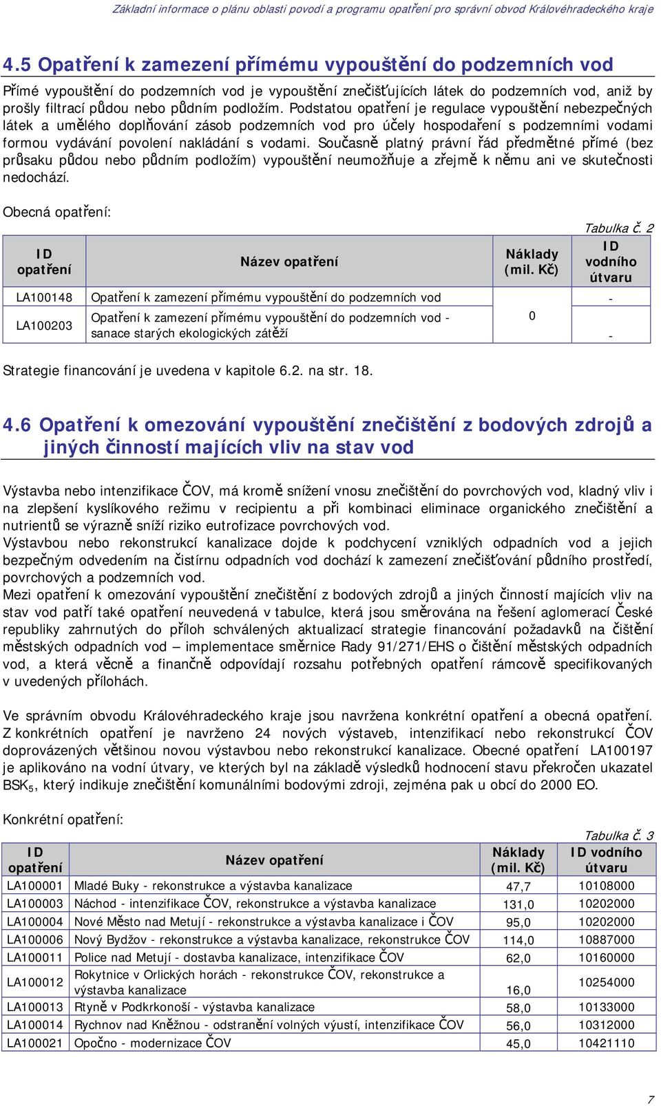 Současně platný právní řád předmětné přímé (bez průsaku půdou nebo půdním podložím) vypouštění neumožňuje a zřejmě k němu ani ve skutečnosti nedochází. Obecná opatření: Tabulka č.