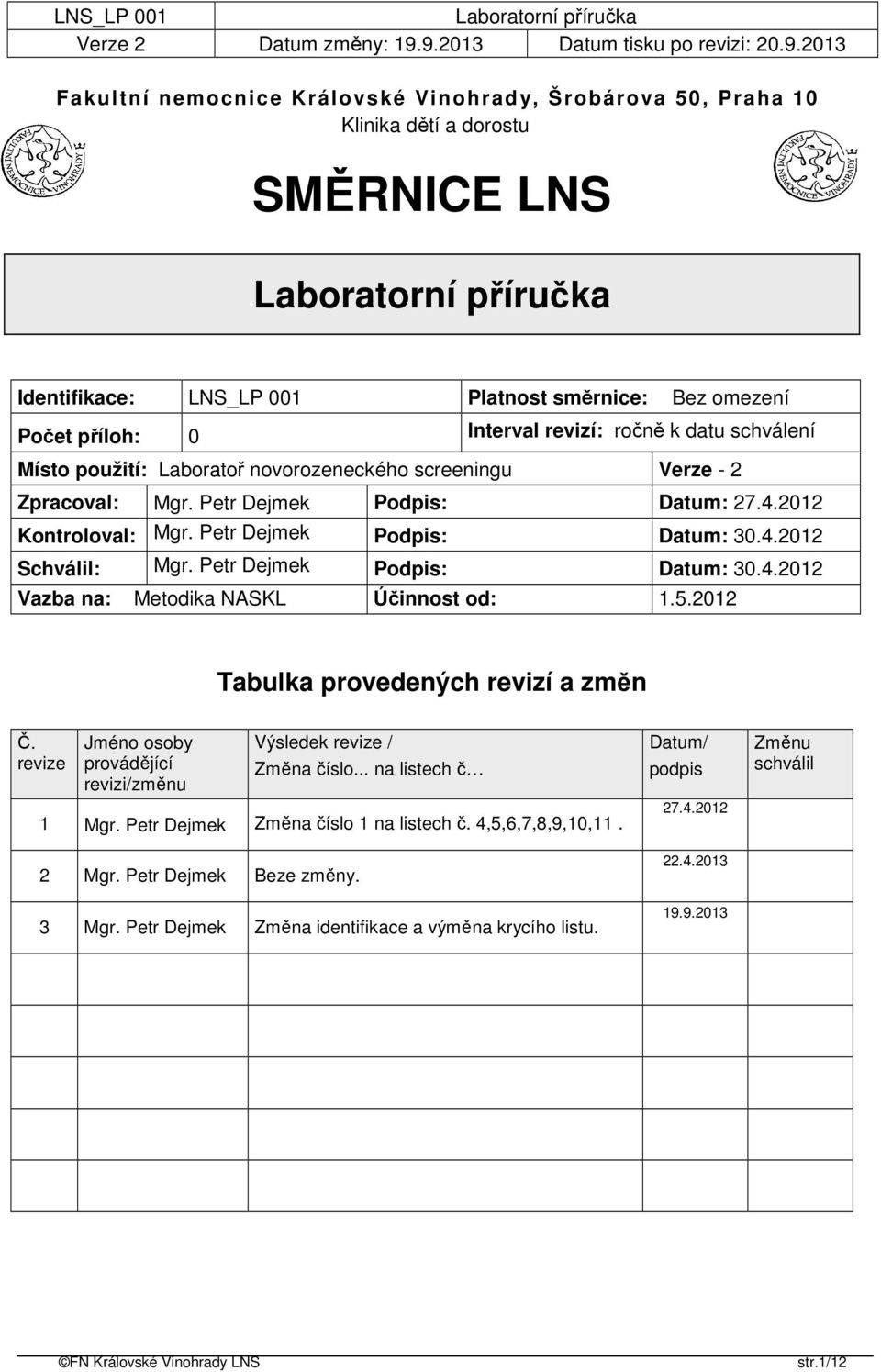 Petr Dejmek Podpis: Datum: 30.4.2012 Vazba na: Metodika NASKL Účinnost od: 1.5.2012 Tabulka provedených revizí a změn Č. revize Jméno osoby provádějící revizi/změnu Výsledek revize / Změna číslo.