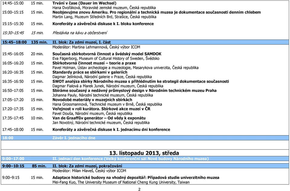 bloku konference 15:30 15:45 15 min. Přestávka na kávu a občerstvení 15:45 18:00 135 min. II. blok: Za zdmi muzeí, I. část Moderátor: Martina Lehmannová, Český výbor ICOM 15:45 16:05 20 min.