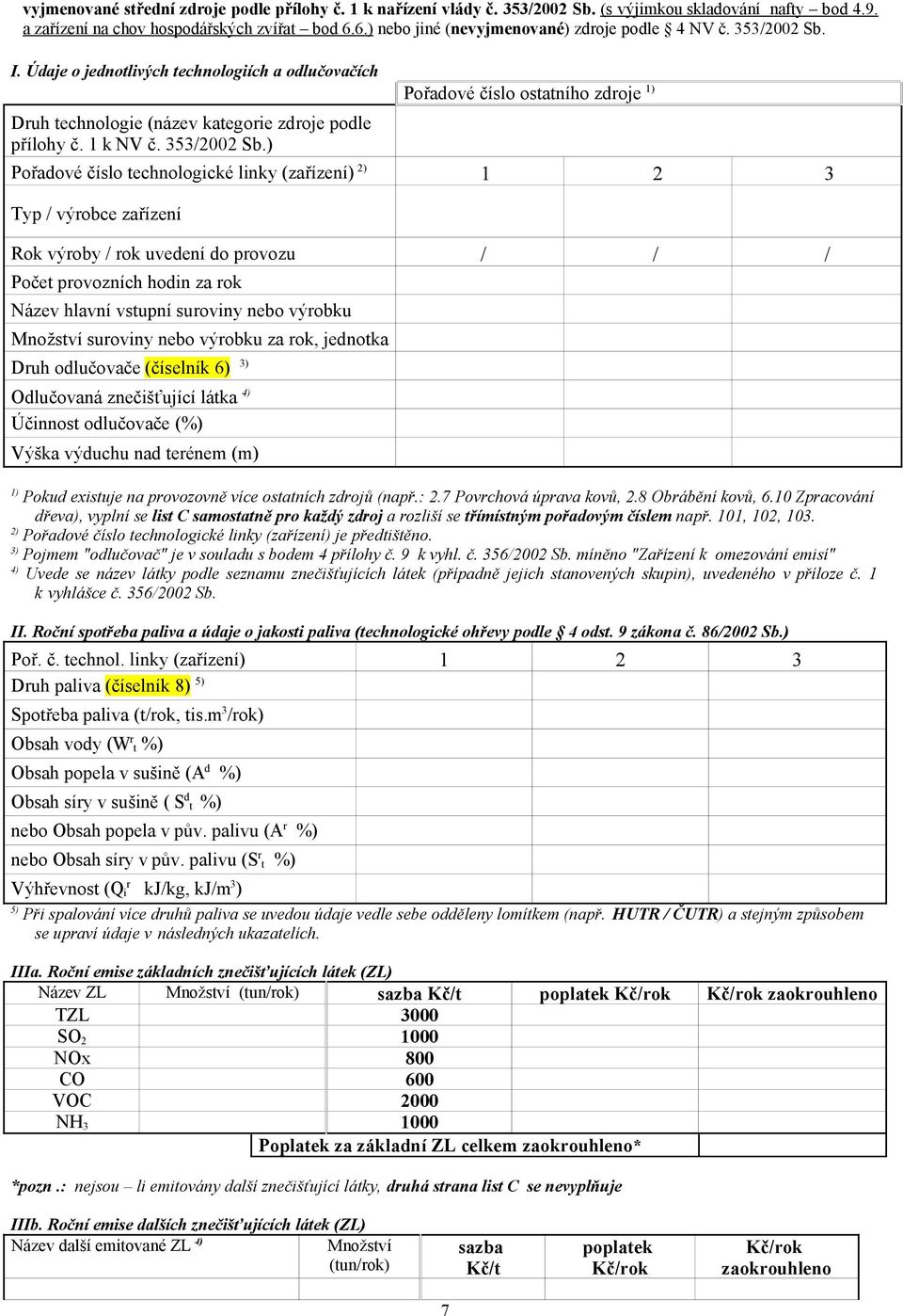 I. Údaje o jednotlivých technologiích a odlučovačích Druh technologie (název kategorie zdroje podle přílohy č. 1 k NV č. 353/2002 Sb.