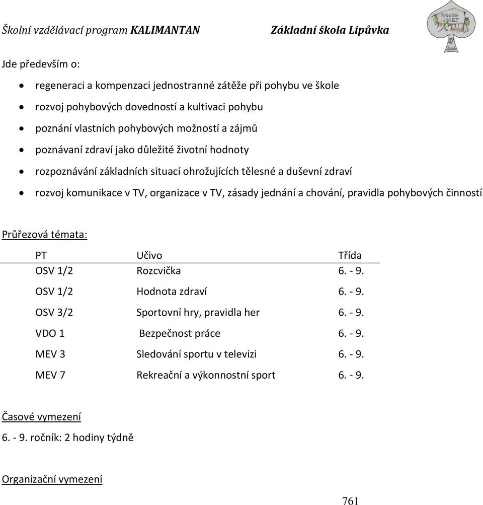 chování, pravidla pohybových činností Průřezová témata: PT Učivo Třída OSV 1/2 Rozcvička 6. - 9. OSV 1/2 Hodnota zdraví 6. - 9. OSV 3/2 Sportovní hry, pravidla her 6. - 9. VDO 1 Bezpečnost práce 6.
