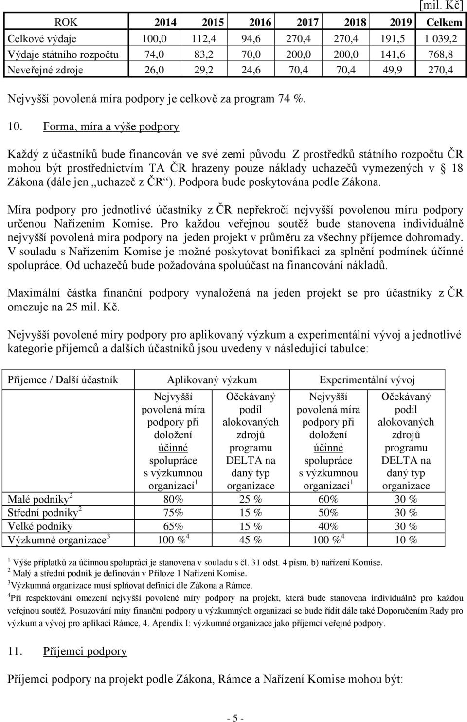 Z prostředků státního rozpočtu ČR mohou být prostřednictvím TA ČR hrazeny pouze náklady uchazečů vymezených v 18 Zákona (dále jen uchazeč z ČR ). Podpora bude poskytována podle Zákona.