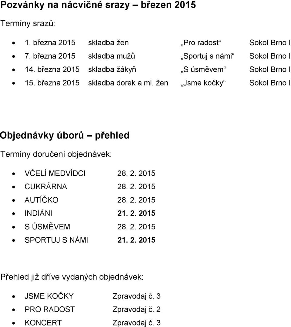 žen Jsme kočky Sokol Brno I Objednávky úborů přehled Termíny doručení objednávek: VČELÍ MEDVÍDCI 28. 2. 2015 CUKRÁRNA 28. 2. 2015 AUTÍČKO 28. 2. 2015 INDIÁNI 21.