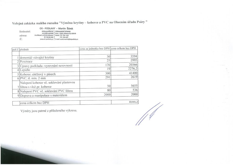 předmět cena za jednotku bez DPH cena celkem bez DPH 1 demontáž btávající krytiny 30 3594 2 Penetrace 25 2995 3 Úpravy podkladu -vyrovnání nerovností 170 20366 4 Lepidlo 19 2276,2 5 Koberec zátěžový