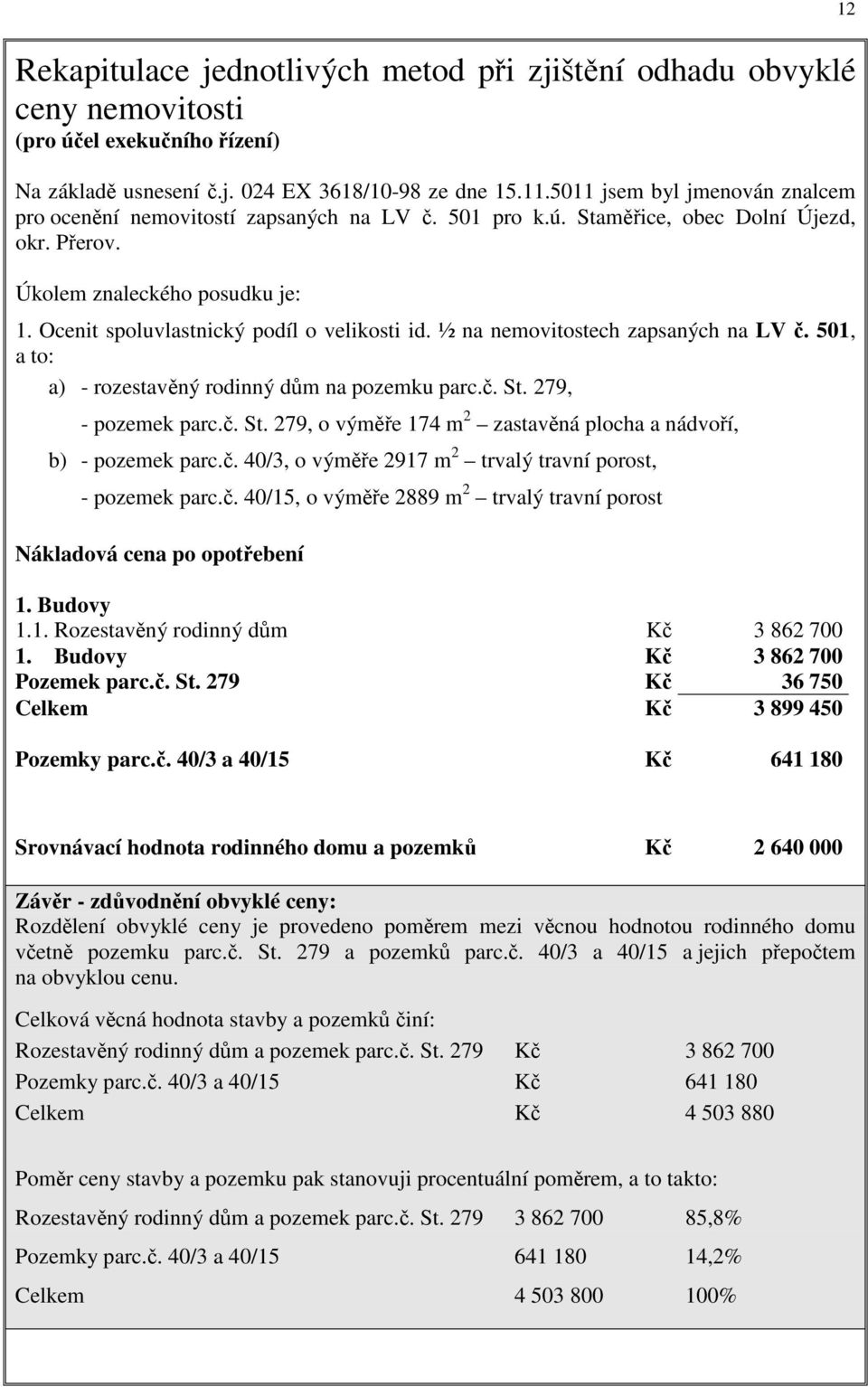 Ocenit spoluvlastnický podíl o velikosti id. ½ na nemovitostech zapsaných na LV č. 501, a to: a) - rozestavěný rodinný dům na pozemku parc.č. St.