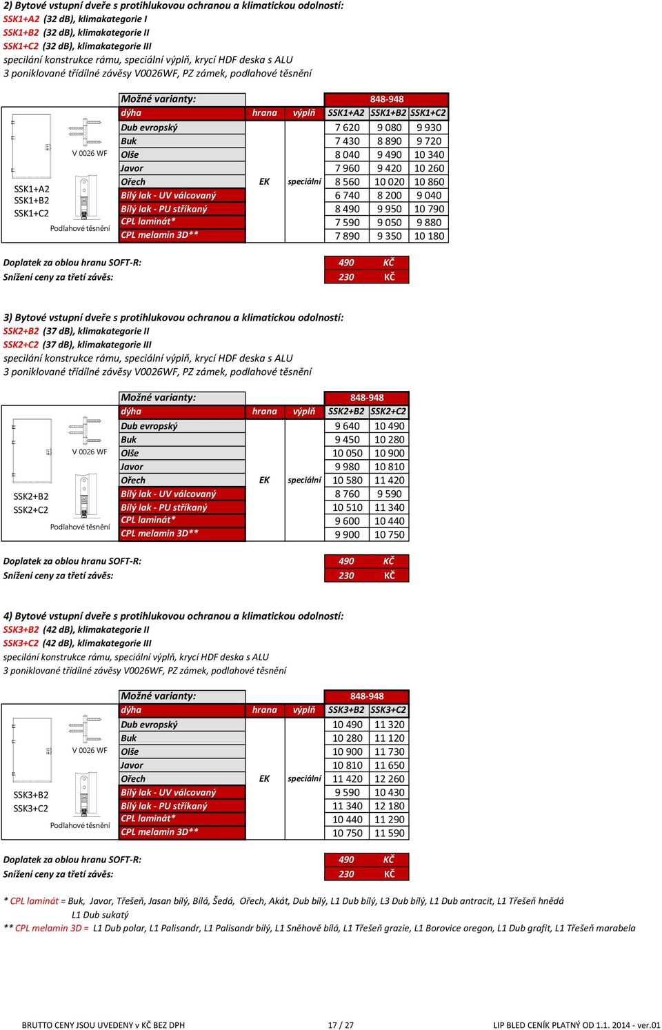 SSK1+B2 SSK1+C2 7 620 9 080 9 930 7 430 8 890 9 720 8 040 9 490 10 340 7 960 9 420 10 260 speciální 8 560 10 020 10 860 Bílý lak - UV válcovaný 6 740 8 200 9 040 Bílý lak - PU stříkaný 8 490 9 950 10