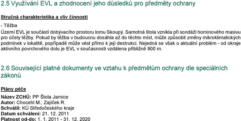 Pokud by těžba v budoucnu dosáhla až do těchto míst, může způsobit změny mikroklimatických podmínek v lokalitě, popřípadě může vést přímo k její destrukci.